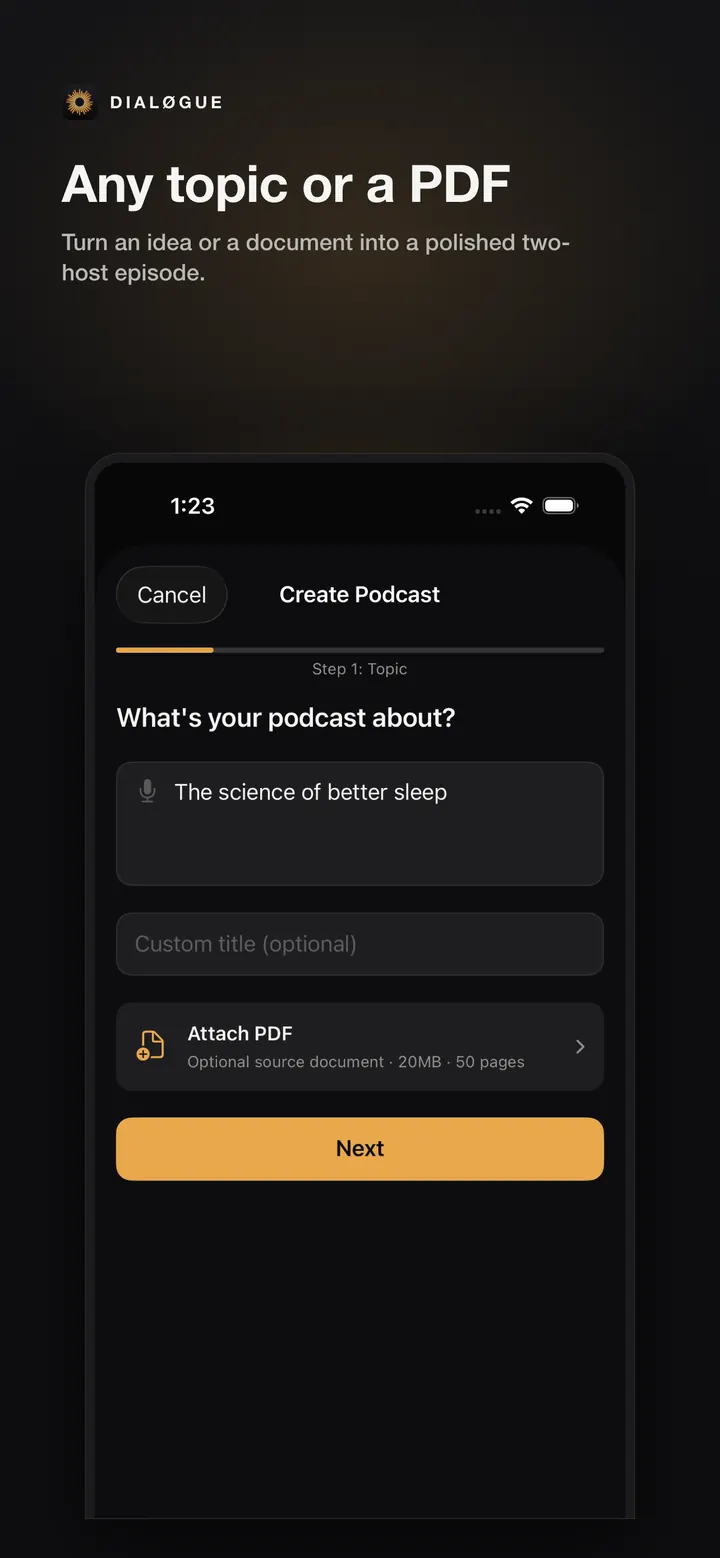 DIALØGUE iOS create screen in English