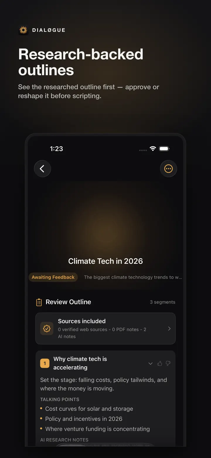 DIALØGUE iOS outline review screen in English