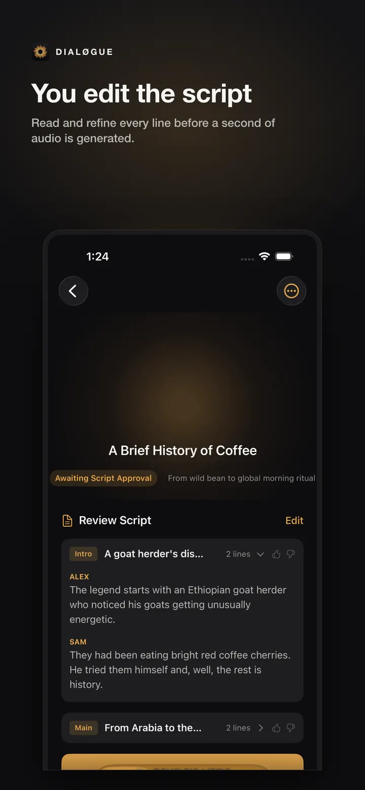 DIALØGUE iOS script review screen in English