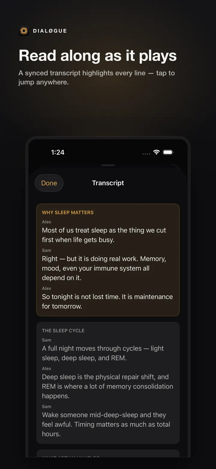 DIALØGUE iOS synced transcript screen in English