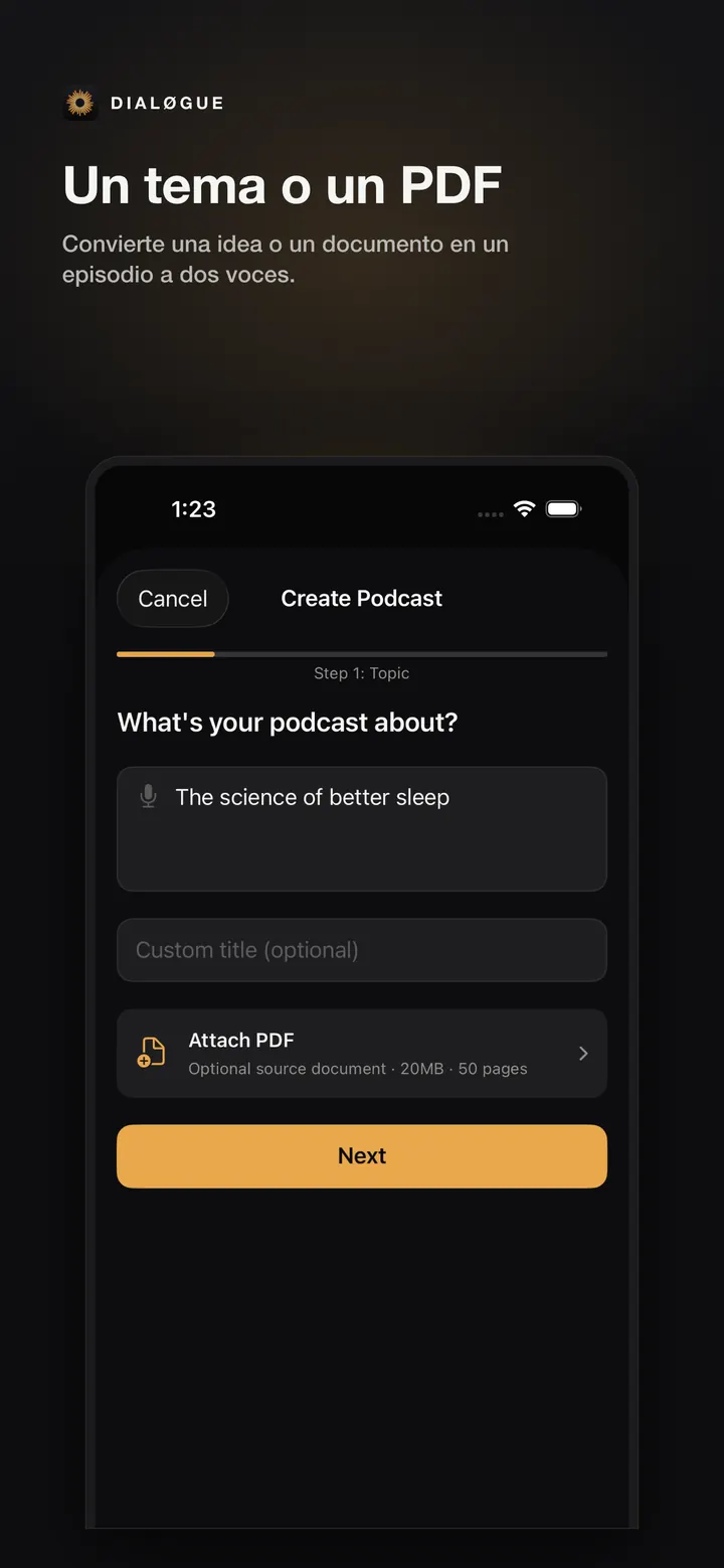 Pantalla de creación de DIALØGUE iOS en español