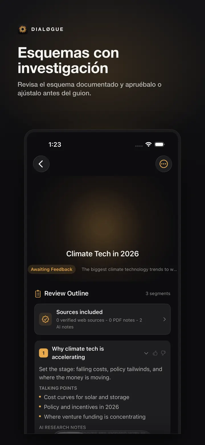 Pantalla de revisión del esquema de DIALØGUE iOS en español