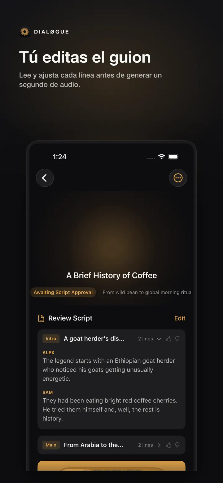 Pantalla de revisión del guion de DIALØGUE iOS en español