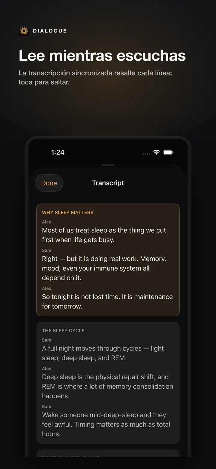 Pantalla de transcripción sincronizada de DIALØGUE iOS en español
