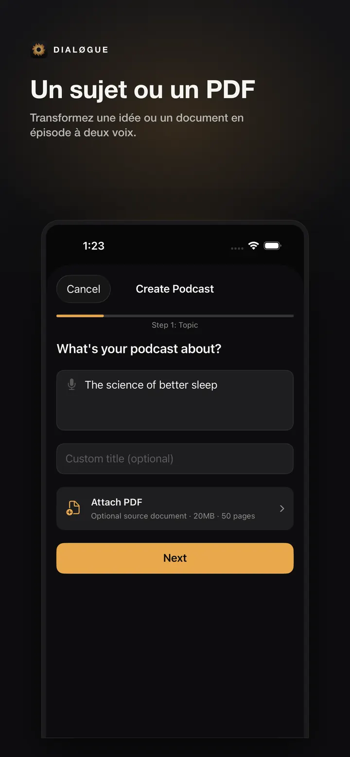 Écran de création DIALØGUE iOS en français