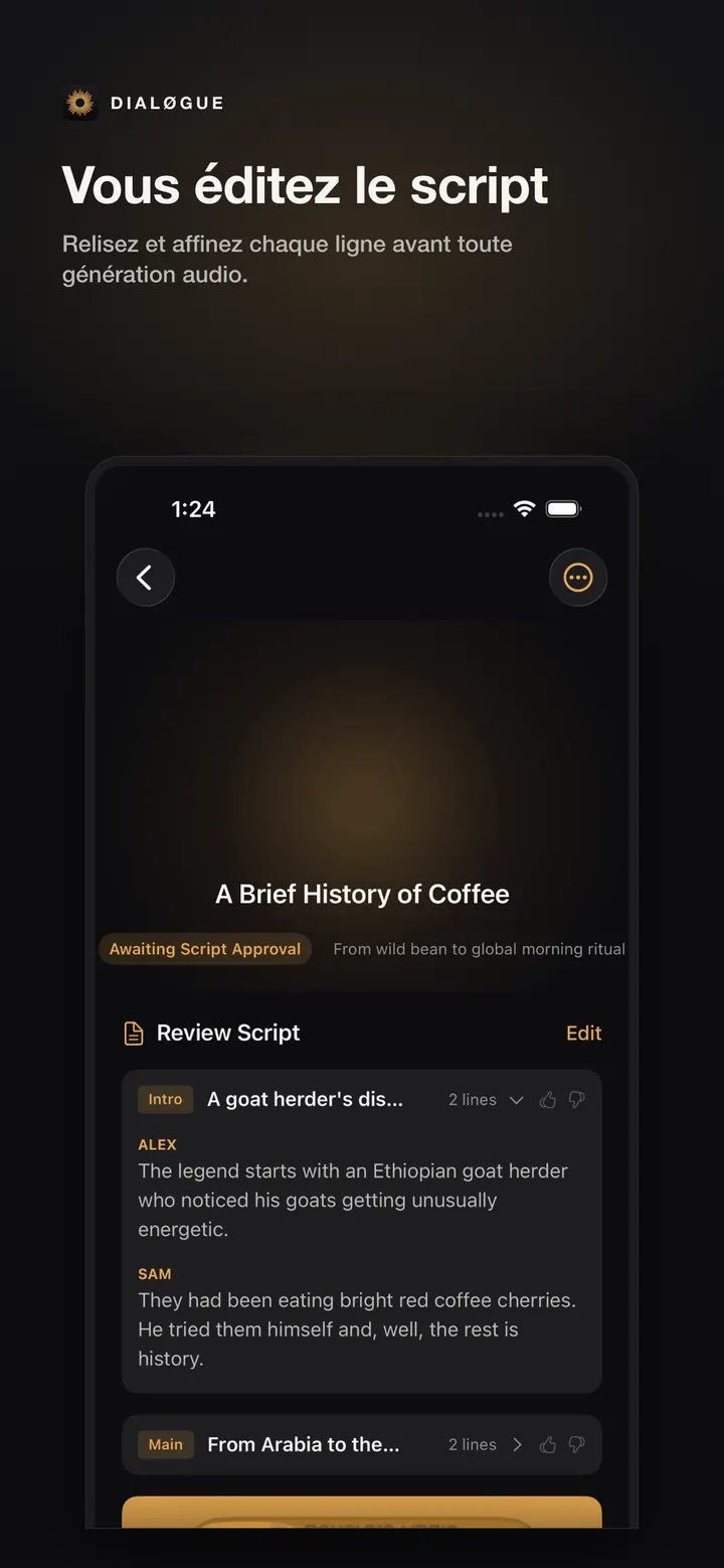 Écran de validation du script DIALØGUE iOS en français