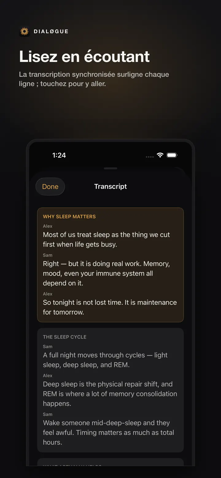 Écran de transcription synchronisée DIALØGUE iOS en français