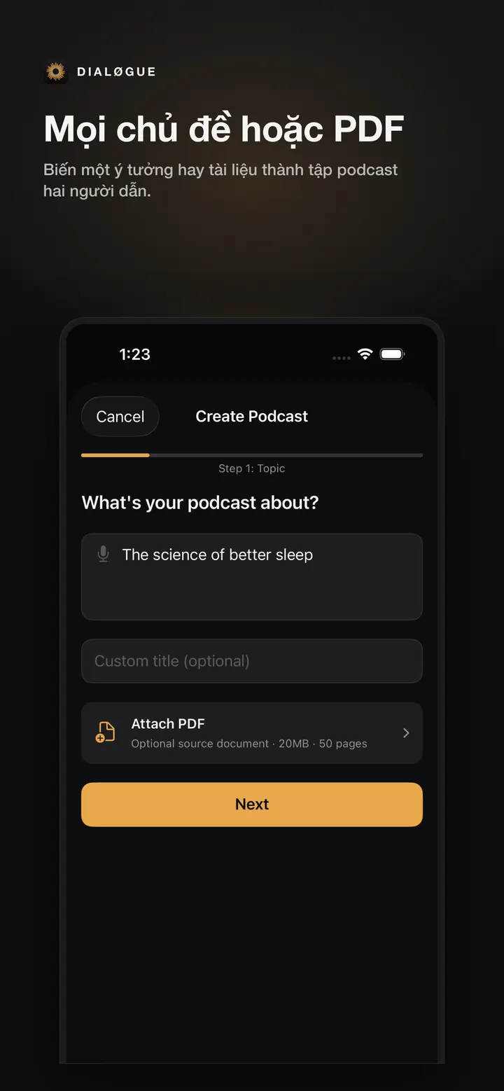 Màn hình tạo podcast DIALØGUE iOS bằng tiếng Việt
