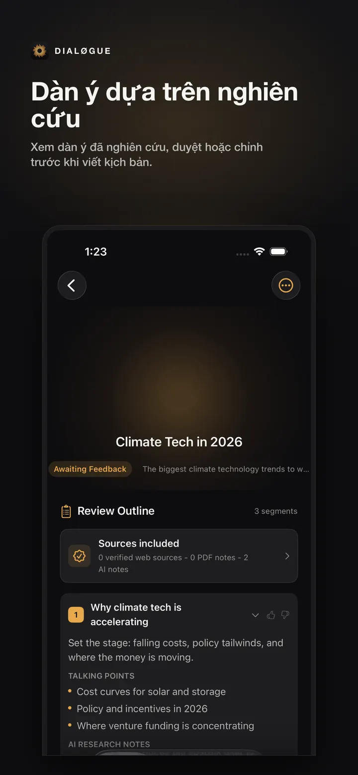 Màn hình duyệt dàn ý DIALØGUE iOS bằng tiếng Việt