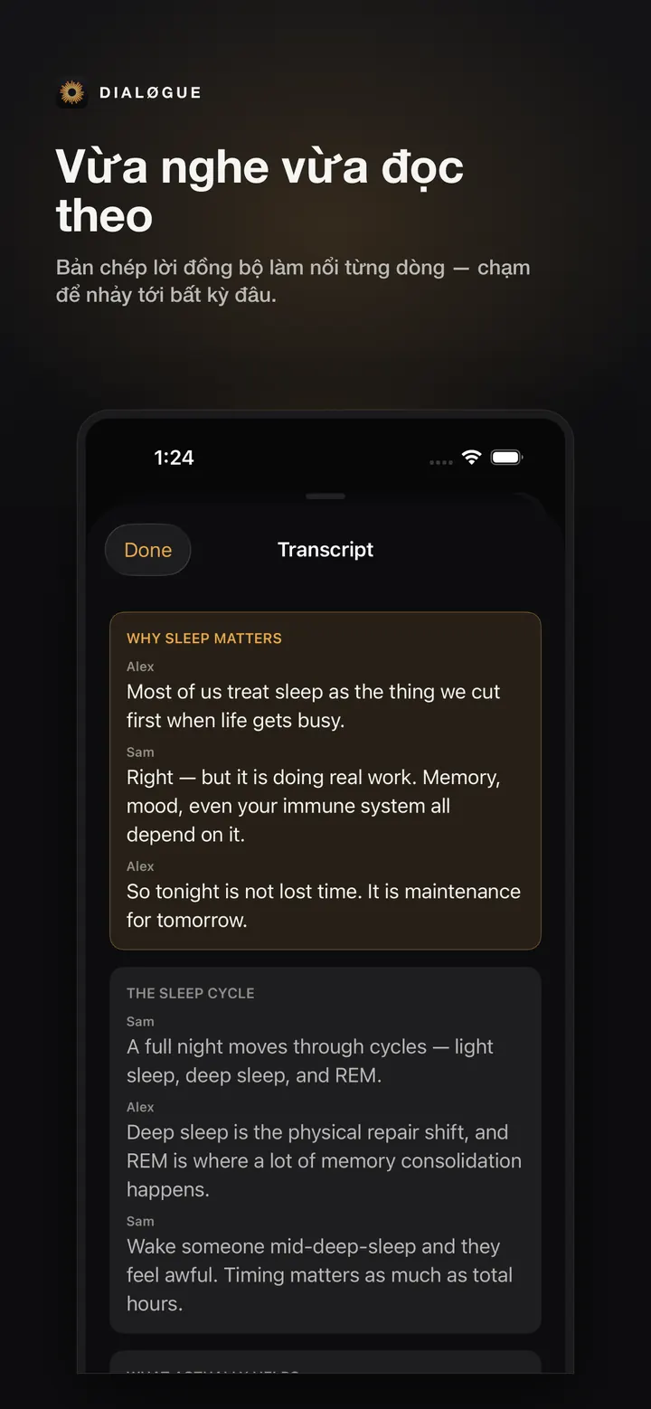 Màn hình transcript đồng bộ DIALØGUE iOS bằng tiếng Việt