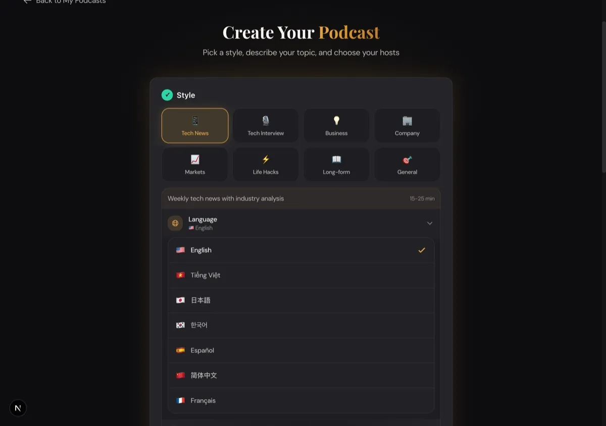 Language selector showing all 7 supported languages in DIALØGUE